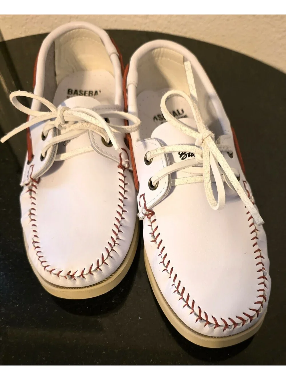 Baseball Lifestyle 101 White Leather Boat Shoes Men 7 Women 8.5 Red Stitching